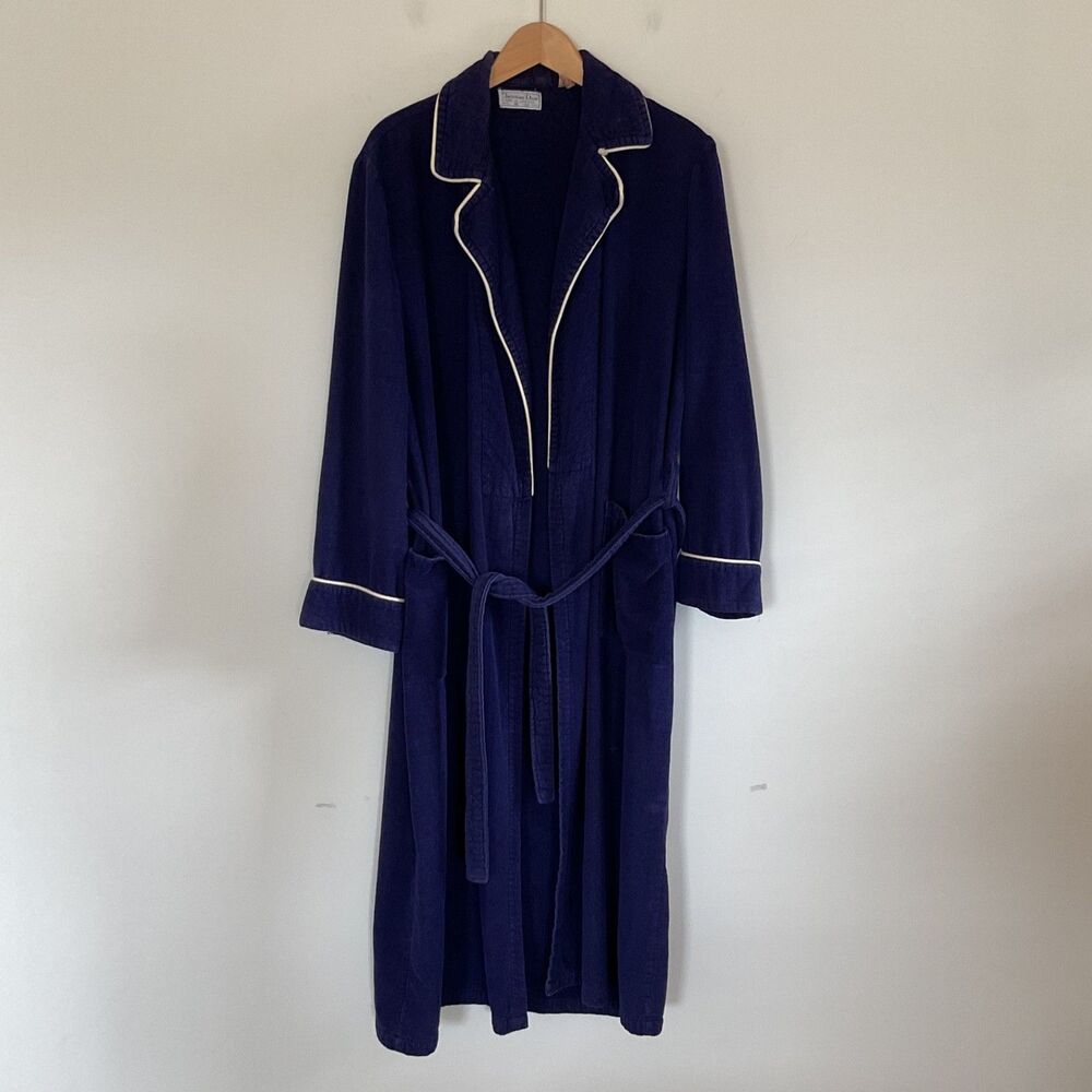 VTG 80s Christian Dior Robe De Chambre Cotton Terry Cloth Bathrobe M Blue